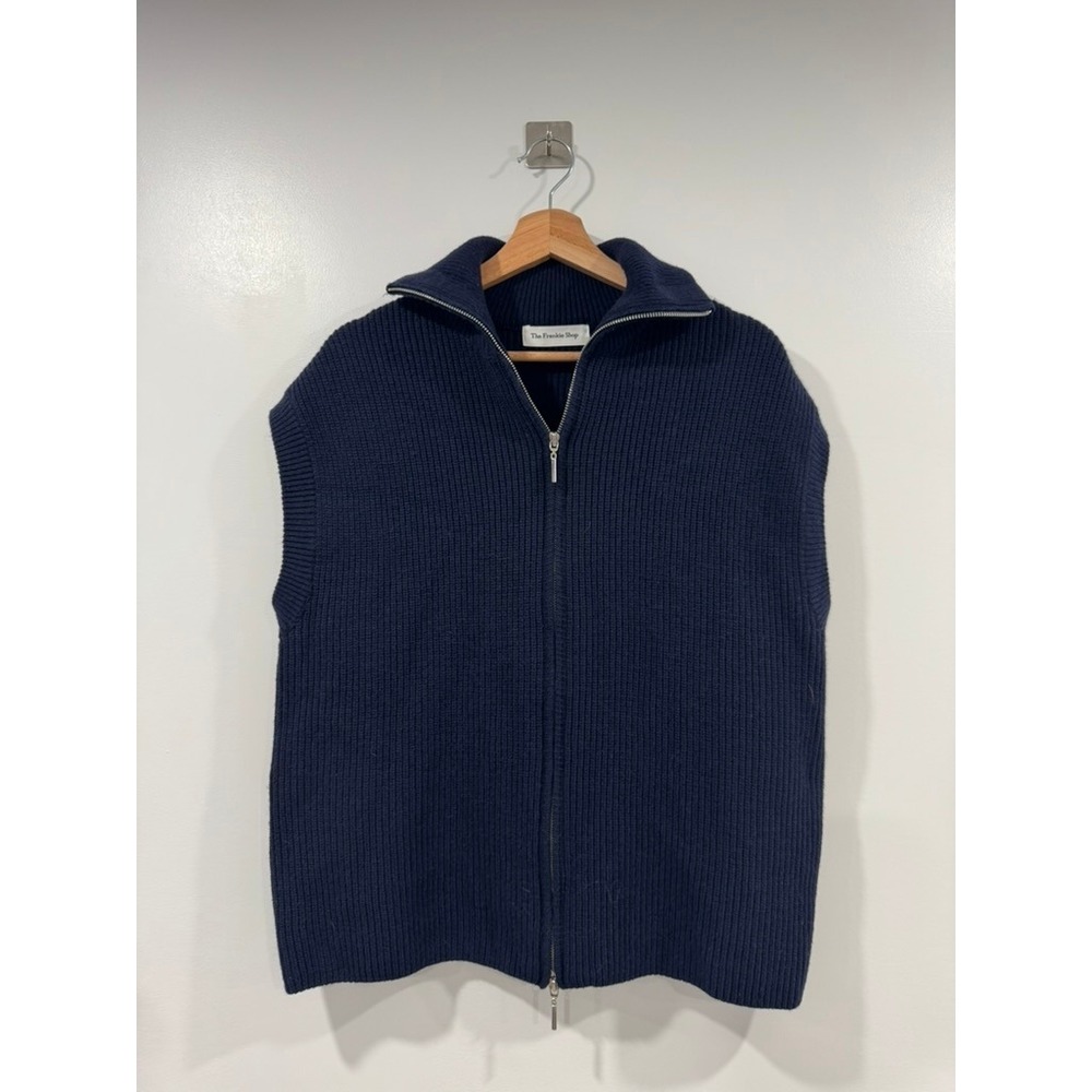 The Frankie Shop Navy Blue Ribbed Knit Full Zip Oversized Sweater Vest XS/S